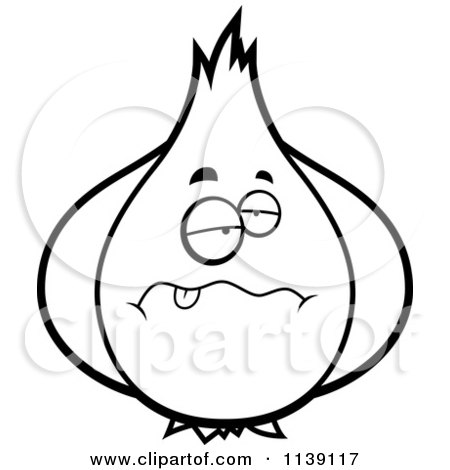 Cartoon Clipart Of A Black And White Sick Garlic Character - Vector Outlined Coloring Page by Cory Thoman