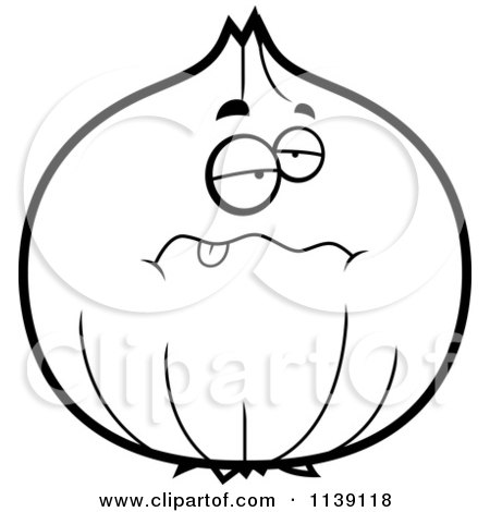 Cartoon Clipart Of A Black And White Sick White Onion Character - Vector Outlined Coloring Page by Cory Thoman