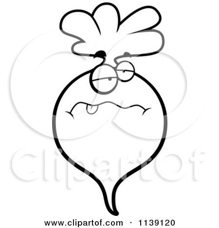 Cartoon Clipart Of A Black And White Sick Radish Character - Vector Outlined Coloring Page by Cory Thoman