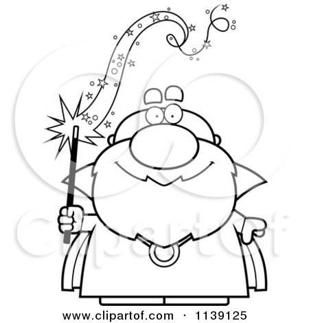 Cartoon Clipart Of A Black And White Bald Wizard Holding A Magic Wand - Vector Outlined Coloring Page by Cory Thoman