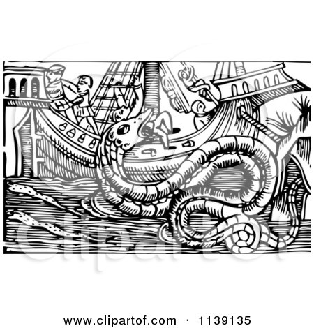 Cartoon Of A Black And White Sea Serpent Monster Attacking A Ship - Royalty Free Vector Clipart by Picsburg