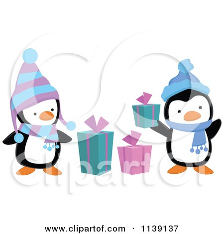 Cartoon Of Cute Christmas Penguins With Gift Boxes - Royalty Free Vector Clipart by peachidesigns