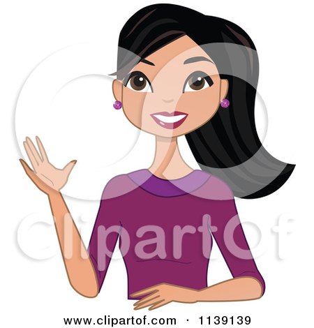 Cartoon Of A Beautiful Friendly Black Haired Woman Waving - Royalty Free Vector Clipart by peachidesigns