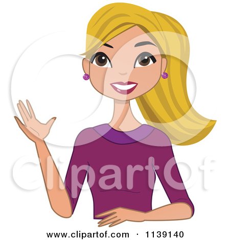 Cartoon Of A Beautiful Friendly Blond Woman Waving - Royalty Free Vector Clipart by peachidesigns