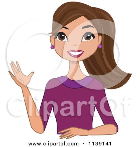 Cartoon Of A Beautiful Friendly Brunette Woman Waving - Royalty Free Vector Clipart by peachidesigns