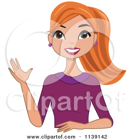Cartoon Of A Beautiful Friendly Red Haired Woman Waving - Royalty Free Vector Clipart by peachidesigns