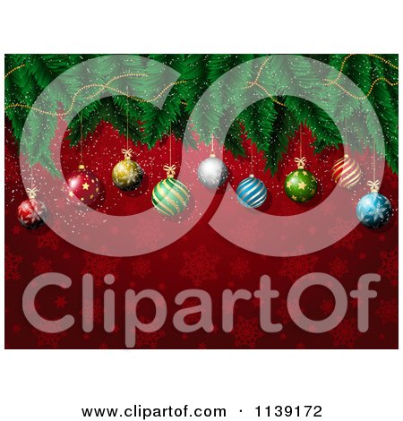 Clipart Of 3d Red Christmas Baubles And A Tree Branch Over Red Snowflakes - Royalty Free Vector Illustration by KJ Pargeter