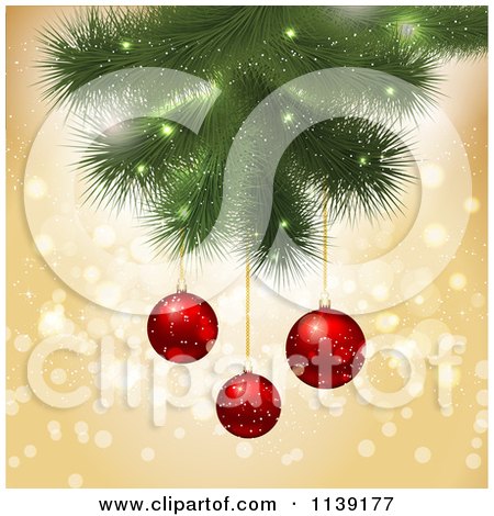 Clipart Of 3d Red Christmas Baubles And A Tree Branch Over Gold Bokeh - Royalty Free Vector Illustration by KJ Pargeter