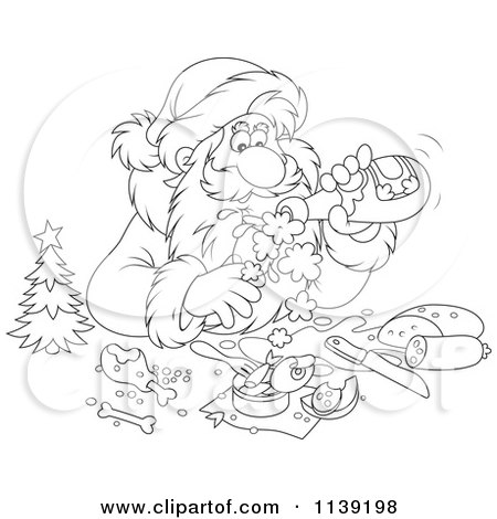 Cartoon Of An Outlined Santa Pouring Himself Champagne Over A Meal  - Royalty Free Vector Clipart by Alex Bannykh