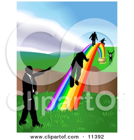 Men Walking on a Rainbow to Cross a Ravine Clipart Illustration by AtStockIllustration
