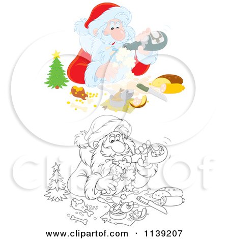 Cartoon Of Outlined And Colored Santa Pouring Himself Champagne Over A Meal  - Royalty Free Vector Clipart by Alex Bannykh