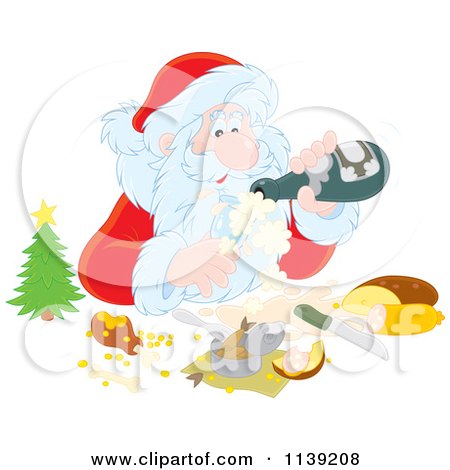 Cartoon Of Santa Pouring Himself Champagne Over A Meal  - Royalty Free Vector Clipart by Alex Bannykh