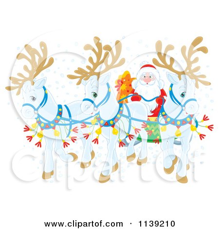Cartoon Of White Reindeer Pulling Santas Sleigh - Royalty Free Clipart by Alex Bannykh