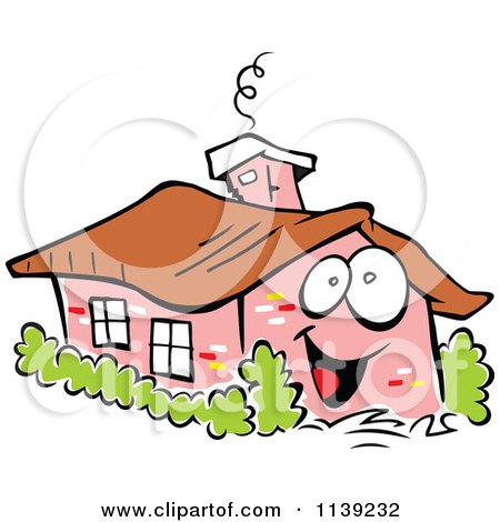 Cartoon Of A Happy Brick Home And Shrubs - Royalty Free Vector Clipart by Johnny Sajem