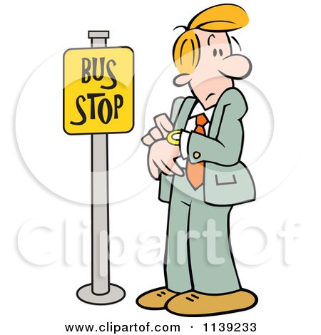 Cartoon Of A Businessman Checking His Watch At A Bus Stop - Royalty Free Vector Clipart by Johnny Sajem