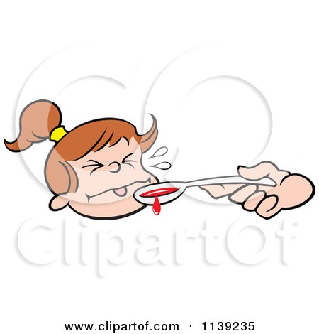Cartoon Of A Girl Making A Funny Face By A Spoon Of Medicine - Royalty Free Vector Clipart by Johnny Sajem