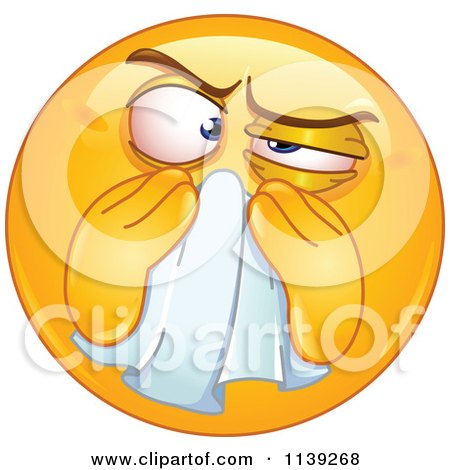 Cartoon Of A Sick Emoticon Blowing His Nose - Royalty Free Vector Clipart by yayayoyo