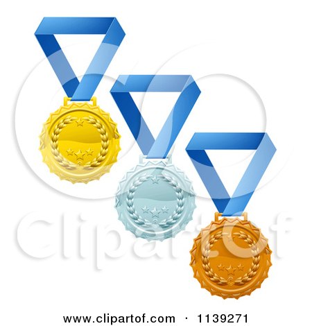 Clipart Of Gold Silver And Bronze Laurel Award Medals On Blue Ribbons - Royalty Free Vector Illustration by AtStockIllustration
