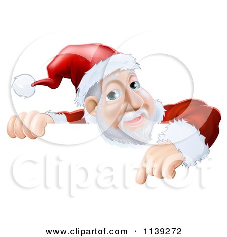 Cartoon Of A Santa Pointing Down At A Christmas Sign - Royalty Free Vector Clipart by AtStockIllustration