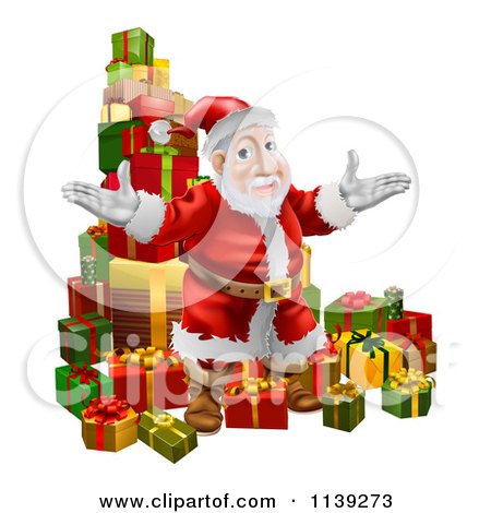 Cartoon Of Santa Standing In Front Of A Pile Of Presents - Royalty Free Vector Clipart by AtStockIllustration
