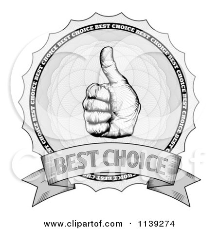 Clipart Of A Grayscale Thumb Up Best Choice Award Winner Badge Over Guilloche - Royalty Free Vector Illustration by AtStockIllustration