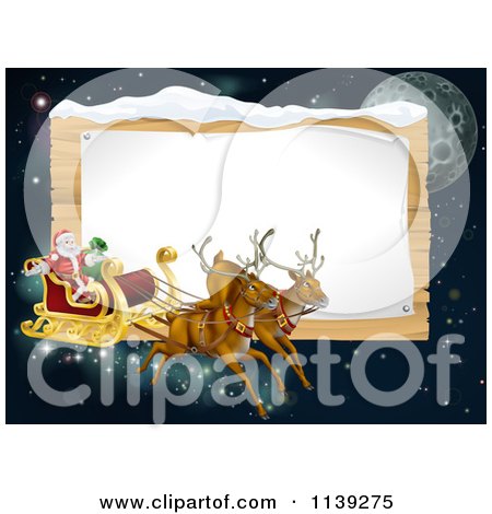 Cartoon Of Santas Christmas Reindeer Sleigh In The Sky Over A Wooden Sign - Royalty Free Vector Clipart by AtStockIllustration