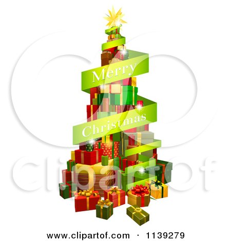 Clipart Of A Tree Of Gifts And Merry Christmas Greeting Banner - Royalty Free Vector Illustration by AtStockIllustration