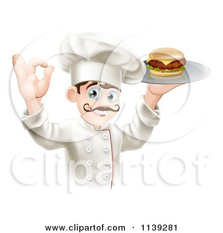 Cartoon Of A Gourmet Chef Serving A Cheeseburger And Gesturing Ok - Royalty Free Vector Clipart by AtStockIllustration