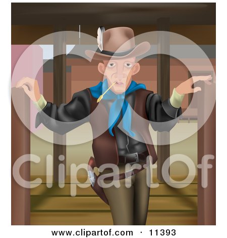 Cowboy Man Chewing on Straw and Standing Between Open Swing Doors Clipart Illustration by AtStockIllustration