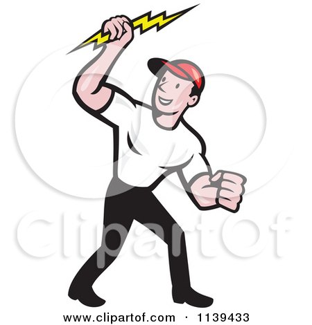 Clipart Of A Retro Electrician Holding A Bolt - Royalty Free Vector Illustration by patrimonio