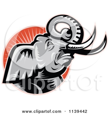 Clipart Of A Retro Angry Elephant Over A Circle With Rays - Royalty Free Vector Illustration by patrimonio