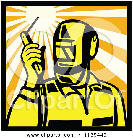 Clipart Of A Retro Welder Holding A Torch Torch In A Square Of Rays - Royalty Free Vector Illustration by patrimonio