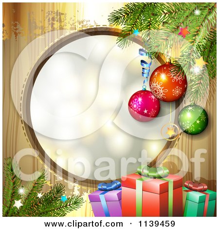 Clipart Of A Wood Christmas Background With Baubles Branches And Gifts 2 - Royalty Free Vector Illustration by merlinul
