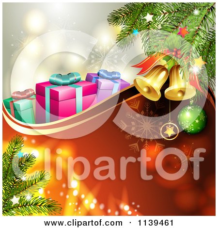 Clipart Of A Christmas Background Of Gifts Bells And Branches Over Red 2 - Royalty Free Vector Illustration by merlinul