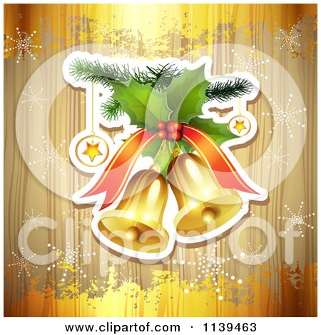 Clipart Of A Wood Christmas Background With Jingle Bells Snowflakes And Gold Grunge - Royalty Free Vector Illustration by merlinul