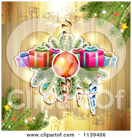 Clipart Of A Wood Christmas Background With Gifts Branches A Bauble And Gold Grunge - Royalty Free Vector Illustration by merlinul