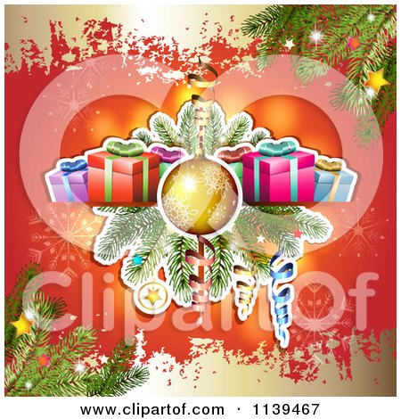 Clipart Of A Christmas Background Of Gifts And Branches Over Red 3 - Royalty Free Vector Illustration by merlinul
