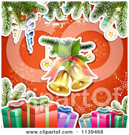 Clipart Of A Christmas Background Of Gifts Bells And Branches Over Red 1 - Royalty Free Vector Illustration by merlinul