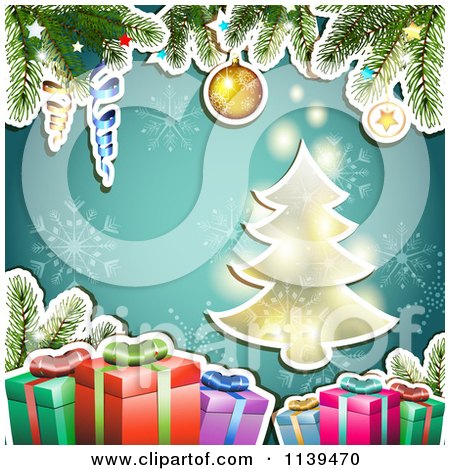 Clipart Of A Christmas Background Of A Tree Gifts And Branches Over Blue - Royalty Free Vector Illustration by merlinul