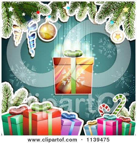 Clipart Of A Christmas Background Of Gifts And Branches Over Teal Snowflakes - Royalty Free Vector Illustration by merlinul
