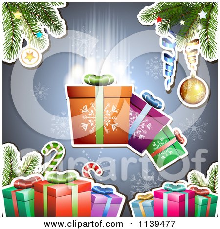 Clipart Of A Christmas Background Of Glowing Gifts And Branches 1 - Royalty Free Vector Illustration by merlinul