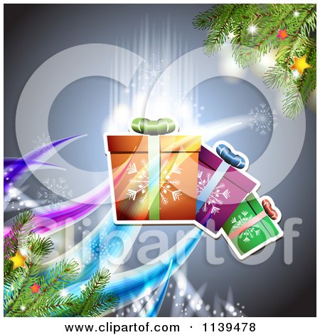 Clipart Of A Christmas Background Of Glowing Gifts And Branches 2 - Royalty Free Vector Illustration by merlinul