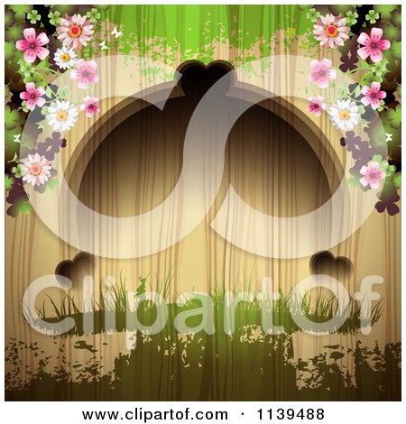 Clipart Of A Wood Background With Flowers And Green Grunge - Royalty Free Vector Illustration by merlinul