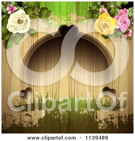 Clipart Of A Wood Background With Roses And Green Grunge 1 - Royalty Free Vector Illustration by merlinul