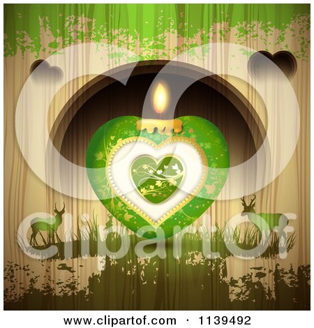 Clipart Of A Green Valentines Day Heart Candle And Deer Over Wood With Green Grunge - Royalty Free Vector Illustration by merlinul
