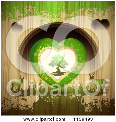 Clipart Of A Valentines Day Tree Heart And Deer Over Wood With Green Grunge - Royalty Free Vector Illustration by merlinul