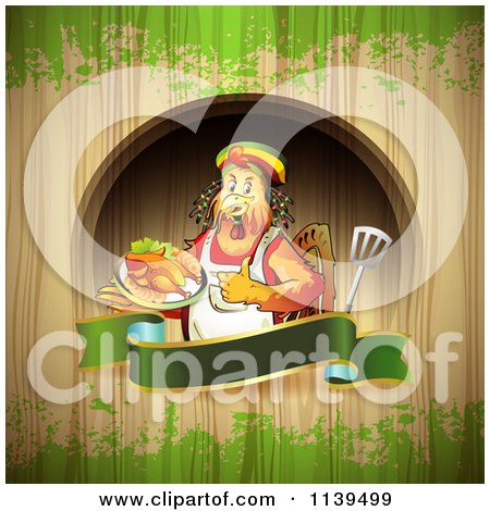 Clipart Of A Rasta Chef Chicken Over A Banner And Wood With Green Grunge - Royalty Free Vector Illustration by merlinul