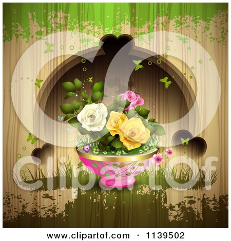Clipart Of Potted Roses Butterflies And Hearts Over Wood With Green Grunge - Royalty Free Vector Illustration by merlinul