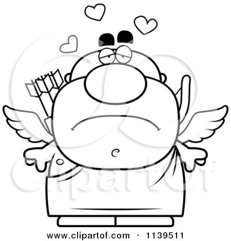 Cartoon Clipart Of A Black And White Sad Valentines Day Cupid - Vector Outlined Coloring Page by Cory Thoman