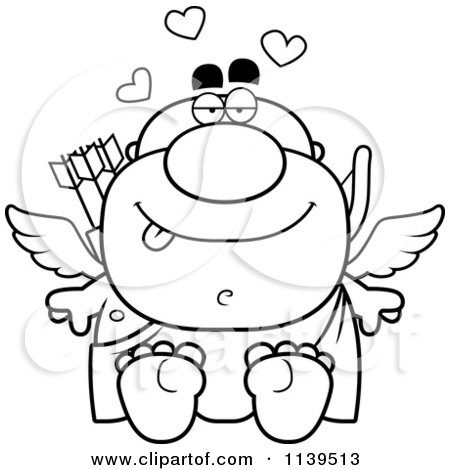 Cartoon Clipart Of A Black And White Sitting Valentines Day Cupid - Vector Outlined Coloring Page by Cory Thoman